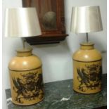 Pair of Ochre Ground Tolework Gilt Decorated Tea Canisters Now Converted for Use as Table Lamps with