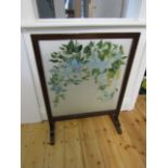 Edwardian Painted Glass Panel Fire Screen with Mahogany Frame Approximately 24 Inches Wide x 32