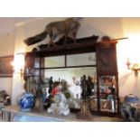 Antique Mahogany Framed Overmantle Mirror with Carved Upper Decoration and Integral Glazed Sides 5ft