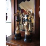 Pair of Gilt Decorated Edwardian Figures on Circular Turned Bases Each 12 Inches High Approximately