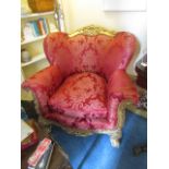 Pair of Large Form Burgundy Silk Upholstered Giltwood Framed Open Armchairs on Shaped Supports One