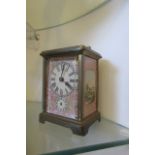 Antique Brass Carriage Clock with Carry Handle and Enamel Decorated Dial with Porcelain Inset Panels