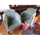 Pair of Antique Art Deco Tub Armchairs Button Upholstered Pale Blue Velvet above Shaped Supports