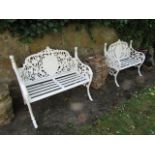 Pair of Cast Iron Garden Benches with Oval Back Panels Decorated with Classical Scenes above