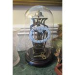 Skeletal Framed Clock Under Dome with Circular Enamel Dial With Original Key and Pendulum