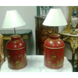 Pair of Red Ground Tolework Gilt Decorated Tea Canisters Now Converted for Use as Table Lamps with