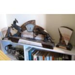 Antique Art Deco Three Piece Clock Suite Decorated with Chasing Hound and Stag Clock Approximately