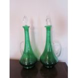 Pair of Emerald Crystal Ewers with Original Stoppers Each 14 Inches High Approximately