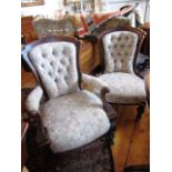 Pair of Victorian Ladies and Gents Drawing Room Chairs Mahogany Framed with Deep Button Upholstery