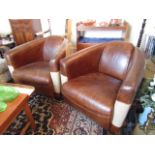 Pair of Leather Upholstered Tub Form Designer Armchairs