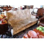 Large Wingback Upholstered Settee with Scrolled Arm Rests above Carved Supports 7ft Wide