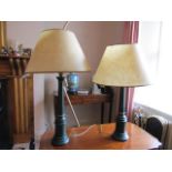 Pair of Green Painted Pedestal Lamps with Gilded Decoration Each Approximately 26 Inches High