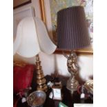 Two Cast Brass Table Lamps with Shades One with Figural Decoration Largest 24 Inches High