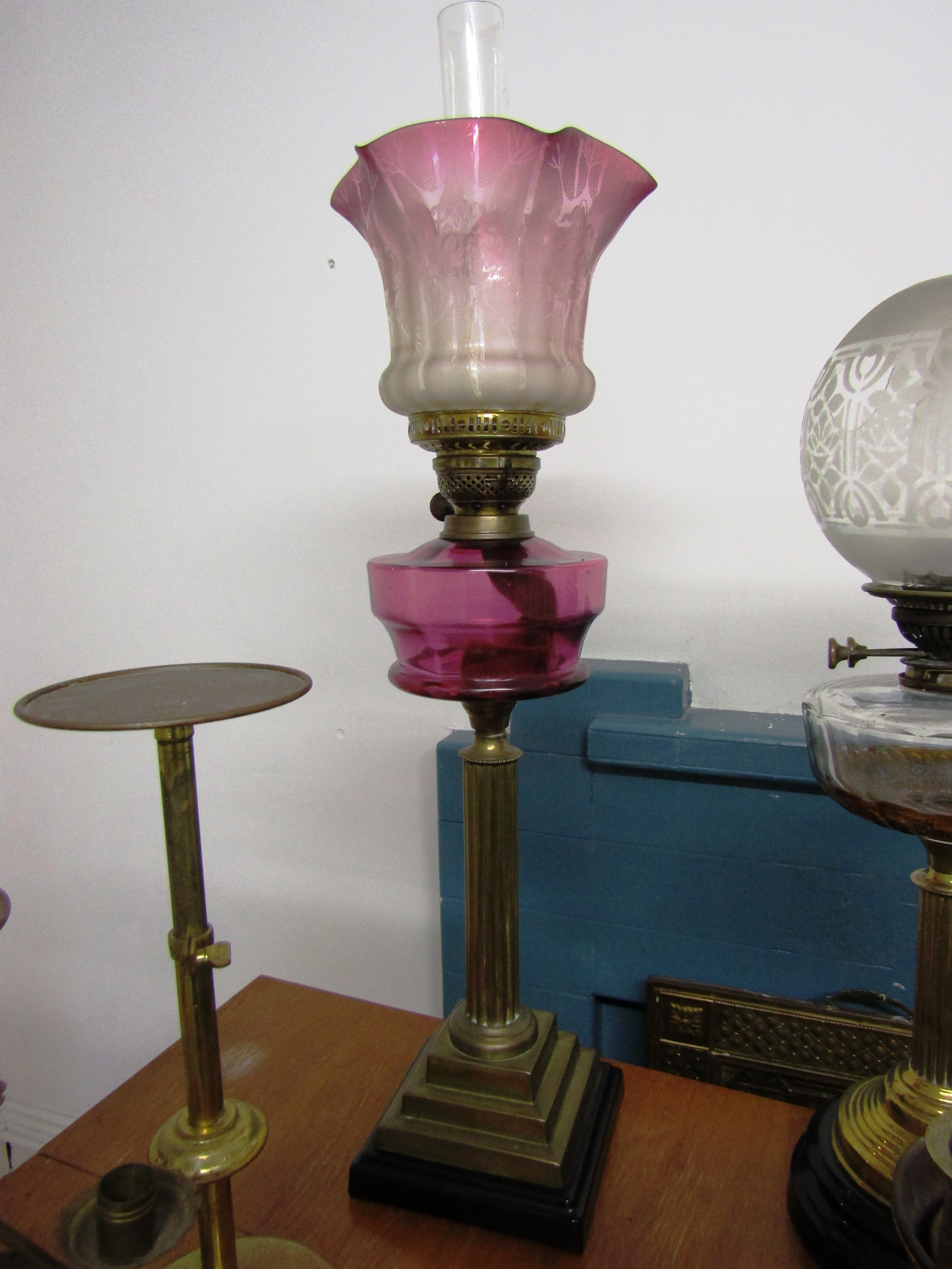 Victorian Brass Column Table Lamp with Etched Cranberry Shade 24 Inches High Approximately