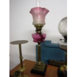 Victorian Brass Column Table Lamp with Etched Cranberry Shade 24 Inches High Approximately