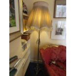 Antique Cast Brass Standard Lamp with Various Scrolled Decorations and Pleated Shade Approximately