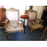 Pair of Matching Gilt Framed Salon Armchairs with Carved Backs above Turned and Reeded Supports