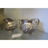 Victorian Solid Silver Milk Jug with Twin Handled Sugar Bowl Repousse Decorated Tallest