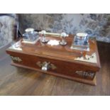 Imposing Victorian Brass Mounted Desk Rest with Twin Crystal Inkwells and Center Carry Handle