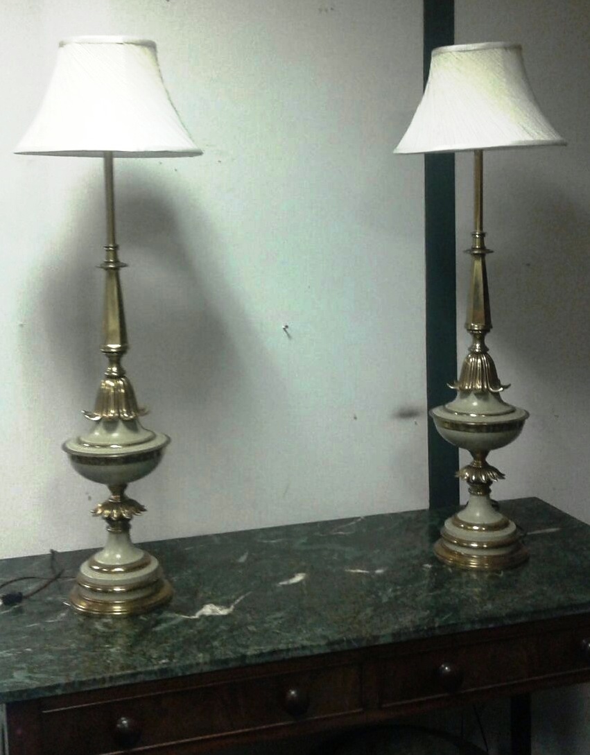 Pair of Cast Brass and Enamel Work Tall Slender Turned Form Table Lamps with Shades Each 32 Inches