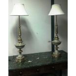 Pair of Cast Brass and Enamel Work Tall Slender Turned Form Table Lamps with Shades Each 32 Inches