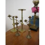Pair of Antique Brass Candelabras and Two Adjustable Height Brass Table Stand Stands
