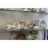 Shelf of Various Porcelain Including Hummel Figure of Girl and Porcelain Nut Serving Dish Rose and