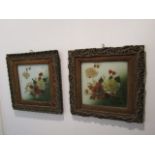 Pair of Handpainted Mirrored Pictures Contained within Gilt Frames Each 12 Inches Square