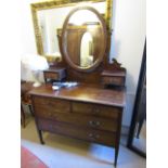 Antique Mahogany Inlaid Dressing Chest with Upright Oval Back Mirror Two Short and Three Long