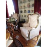 Pair of Gilt Decorated Upholstered Wingback Armchairs of Good Size Above Cabriole Supports