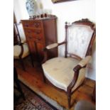 Pair of Victorian Solid Rosewood Framed Salon Armchairs Well Carved with Silk Upholstered Seats