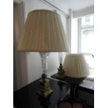 Cut Crystal Ormolu Mounted Table Lamps with Pleated Shades Each 26 Inches High