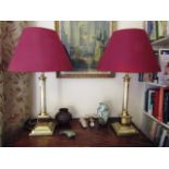 Pair of Cast Brass Corinthian Column Table Lamps on Square Form Pedestal Bases with Shades Above