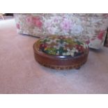 Victorian Inlaid Decorated Circular Form Footstool with Needlepoint Inset Upholstery 10 Inches