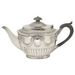 AN EDWARDIAN SILVER TEAPOT, WILLIAM HUTTON & SONS LTD, SHEFFIELD, 1902 in Adam style, oval, chased