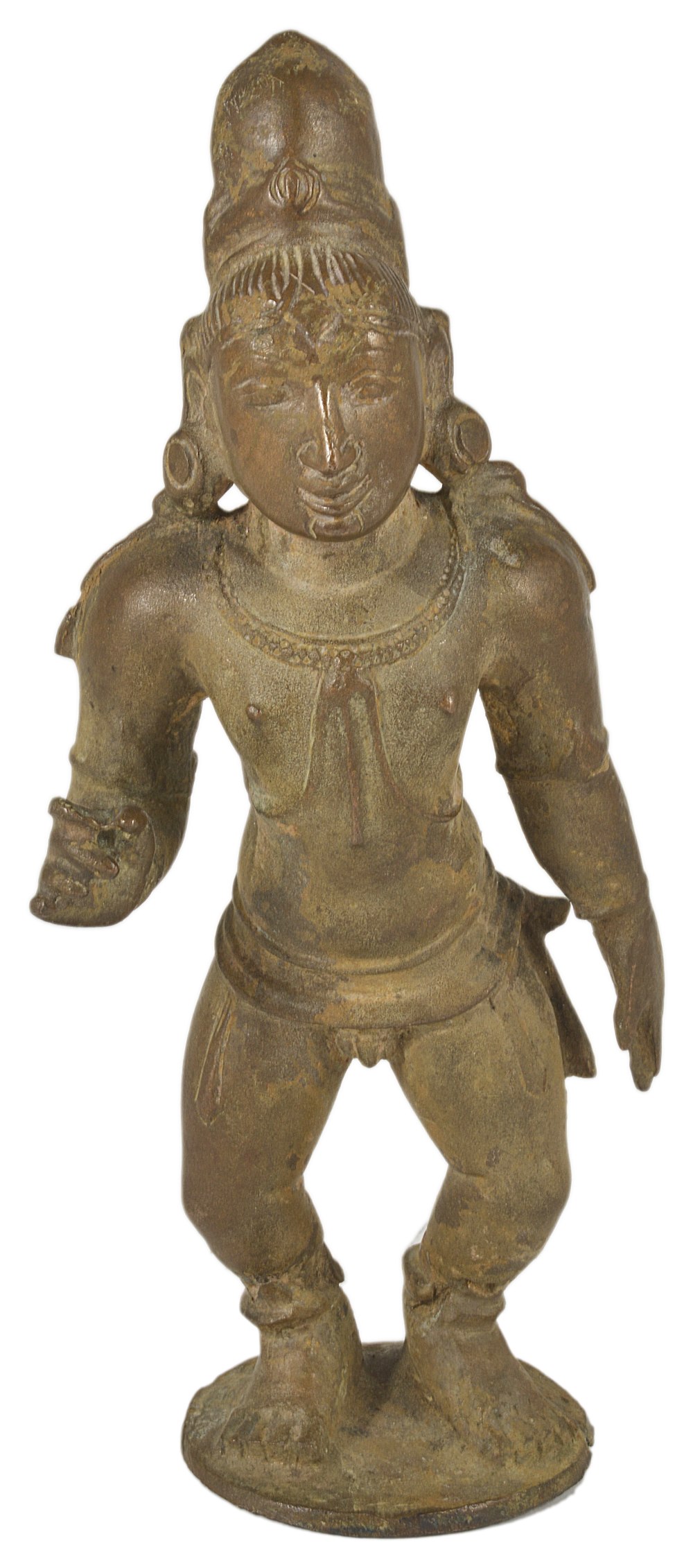 A BRONZE FIGURE OF SKANDA, SOUTH INDIA, CIRCA 16TH/17TH CENTURY on circular base, probably from a