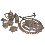 A GROUP OF HINDU OBJECTS, INDIA, MOSTLY 19TH CENTURY comprising a bronze prabha, ritual hammer,