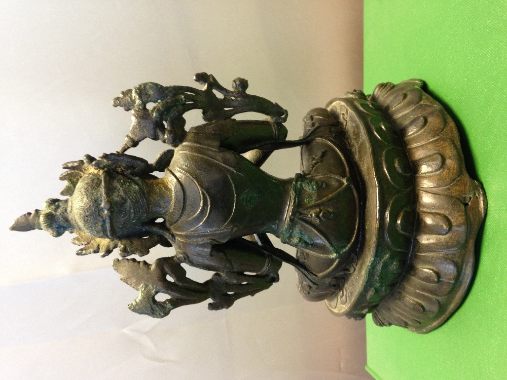 A BRONZE FIGURE OF MAITREYA, TIBET, CIRCA 16TH CENTURY seated on a double lotus throne, his hands in - Image 4 of 5