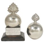 TWO SILVER 'GRENADE' CIGAR LIGHTERS, MARKS RUBBED, CIRCA 1930 typical form, one engraved with the