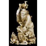 ˜A JAPANESE IVORY OKIMONO OF SHOKI (THE DEMON QUELLER), MEIJI PERIOD (1868-1912) carved kneeling