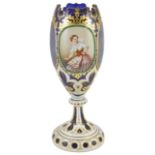 A BOHEMIAN WHITE OVERLAID BLUE GLASS LARGE VASE, THIRD QUARTER 19TH CENTURY pedestal ovoid, the body