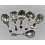 SIX SILVER CADDY SPOONS, VARIOUS MAKERS INCLUDING ELIZABETH MORLEY AND JOSIAH SNATT, LONDON, 1800-