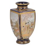 A JAPANESE SATSUMA VASE, MEIJI PERIOD (1868-1912) of tapered square section, the sides painted
