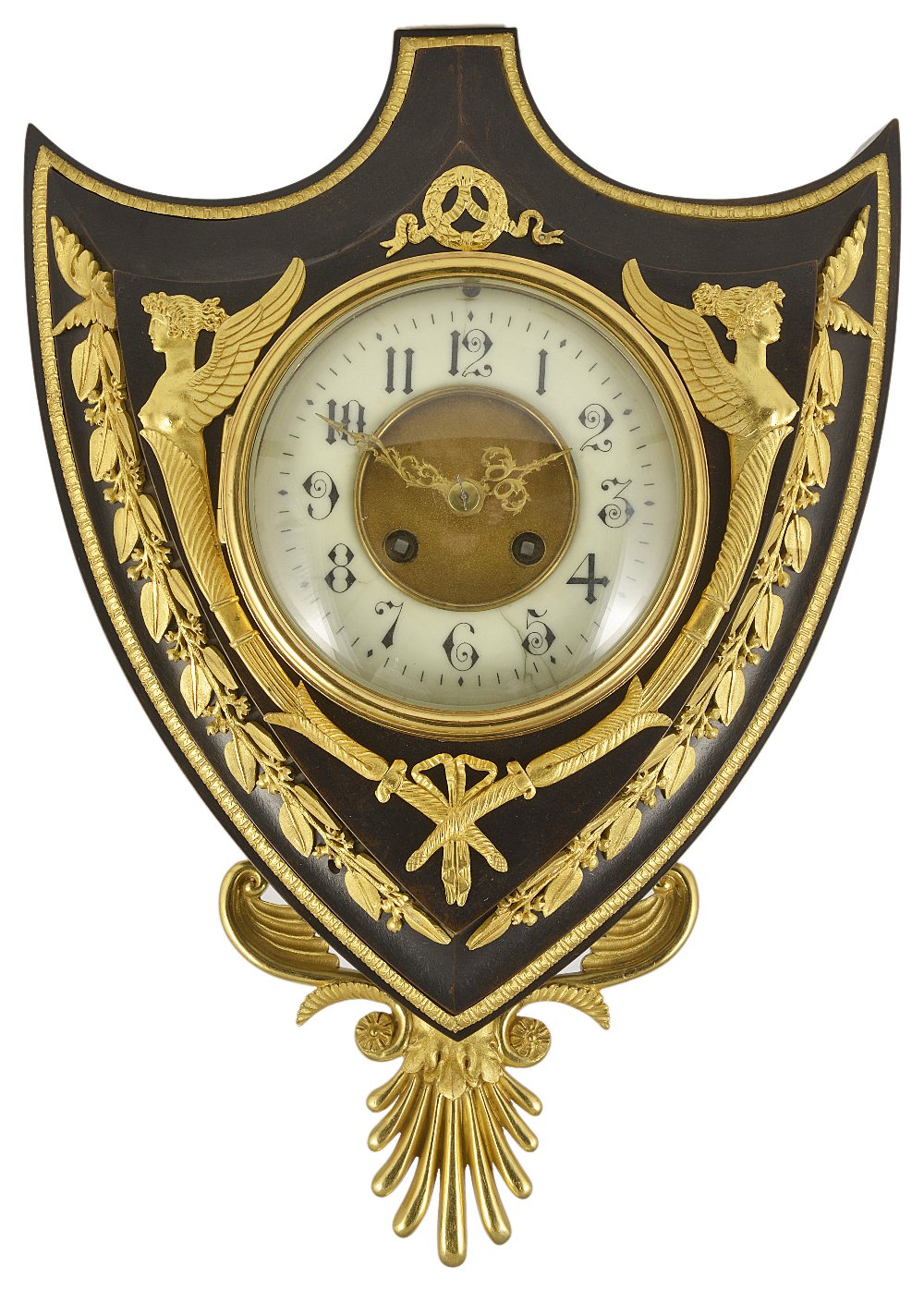 AN EMPIRE STYLE BRONZE WALL CLOCK, FRENCH, LATE 19TH CENTURY shield shaped, dark patinated and