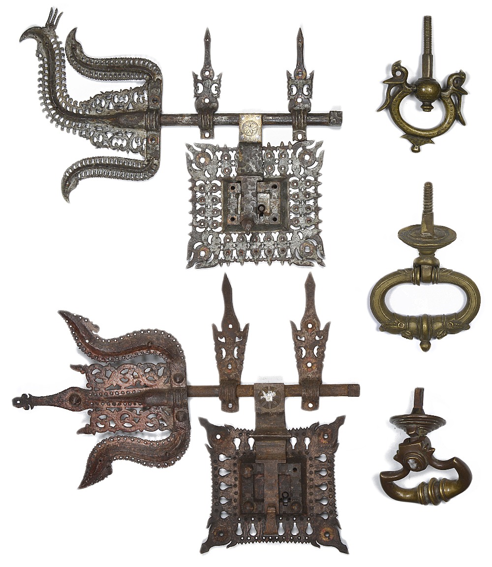 A GROUP OF METAL DOOR FITTINGS, KERALA, SOUTH INDIA, 18TH/19TH CENTURY comprising three brass door