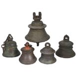 FIVE BRONZE TEMPLE BELLS, SOUTH INDIA, 19TH CENTURY OR EARLIER each of typical form, one inscribed