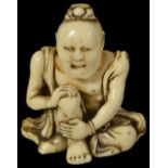 ˜A JAPANESE IVORY NETSUKE OF A NIO BY IKKOSAI TOUN, LATE EDO PERIOD, CIRCA 1850 the temple