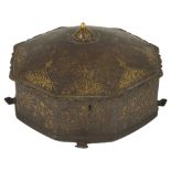 A KOFTGARI BOX, PUNJAB, LATE 19TH CENTURY iron with gold damascened foliate decoration, with domed