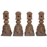 FOUR CHARPOI LEGS, NORTHERN INDIA, 20TH CENTURY wood, carved and painted, of square section with