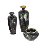 A GROUP OF THREE JAPANESE CLOISONNE VASES, MEIJI PERIOD (1868-1912) all worked on a midnight blue